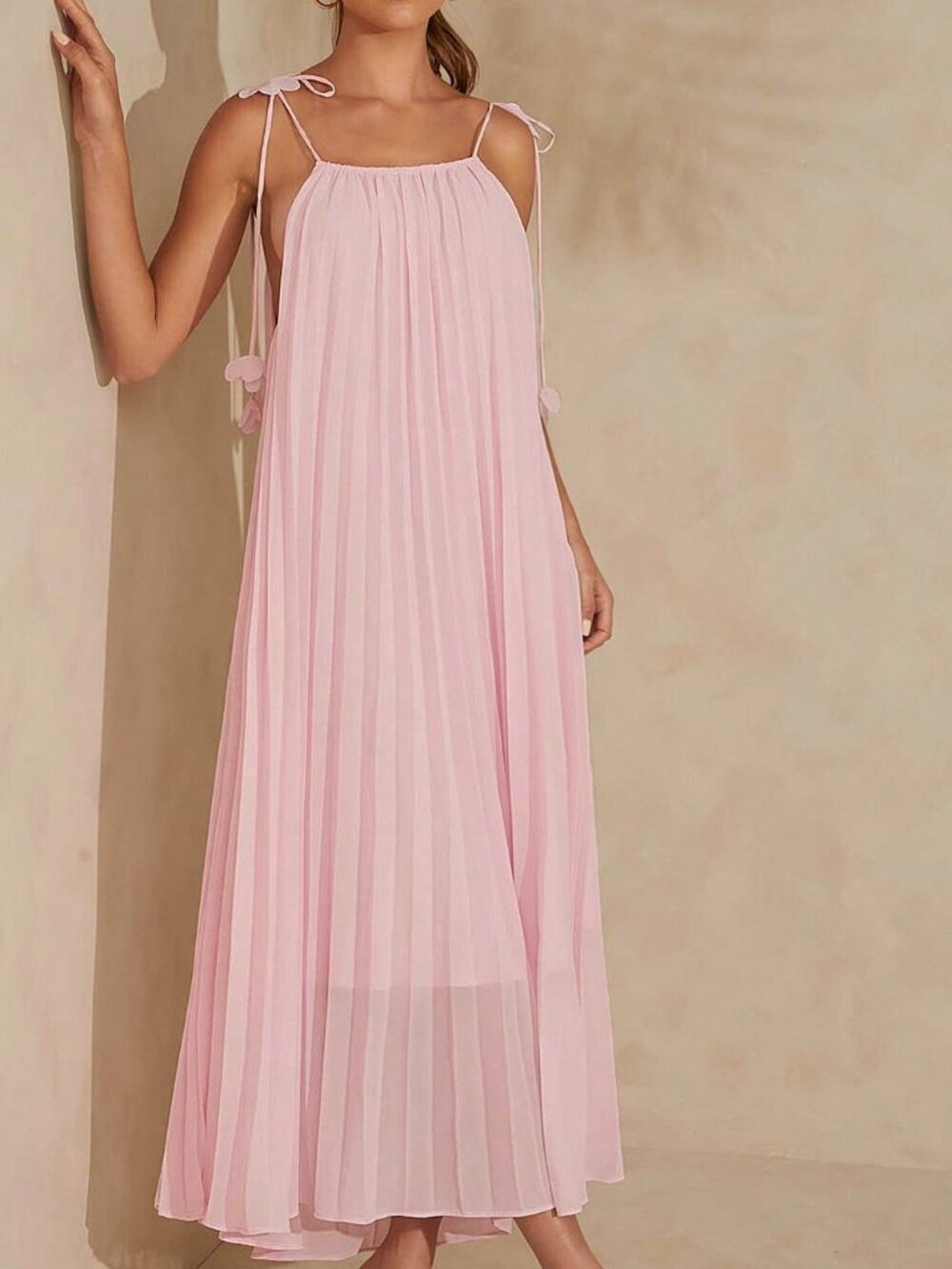 Pink Casual Women's Pleated 3d Flower Strap Tie Detail Maxi Dress
